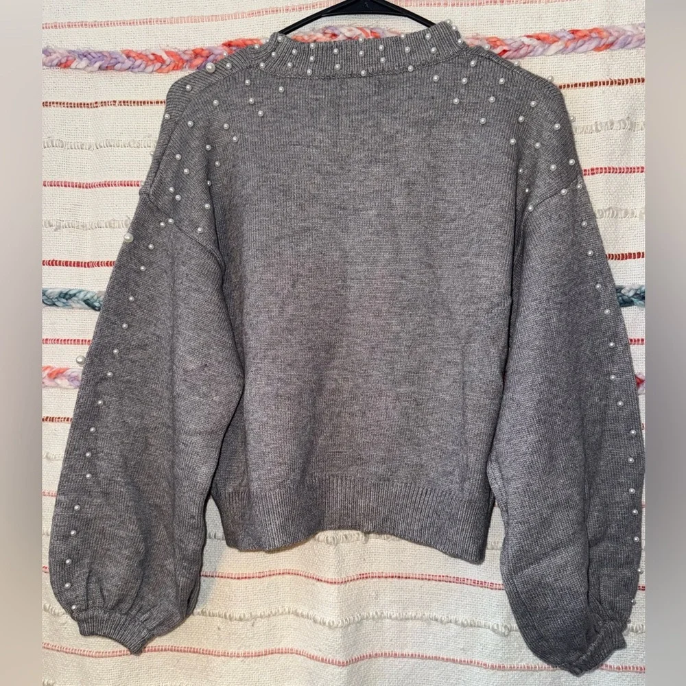 POL Gray Pearl-Studded‎ Turtleneck Sweater